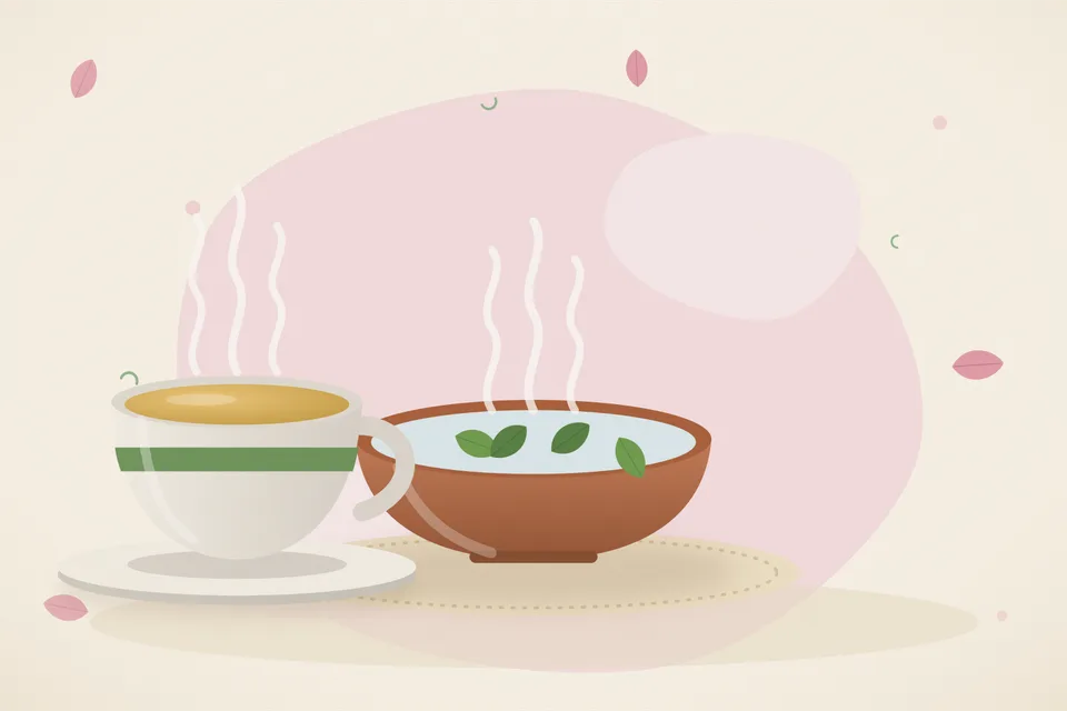 Illustrated Ayurvedic kitchen still life with a bowl, glass and traditional utensils.