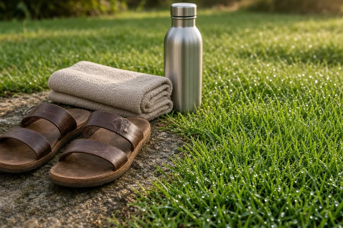 A pair of brown chappals beside a folded towel and a steel water bottle on a green lawn.