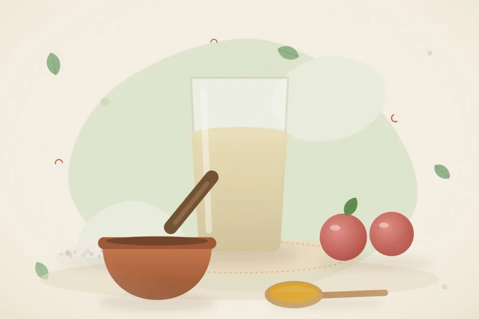 Illustrated still life with rock salt, apple.
