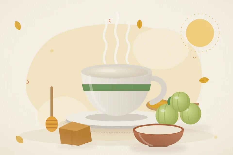 Illustrated still life with honey, amla, jaggery.