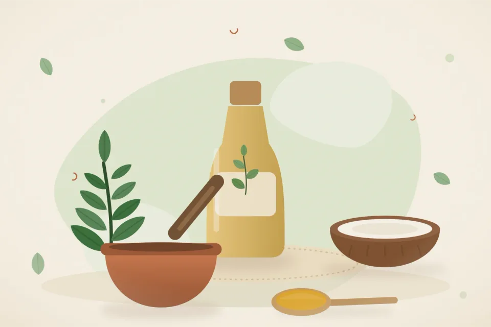 Illustrated still life with curry leaves, coconut.