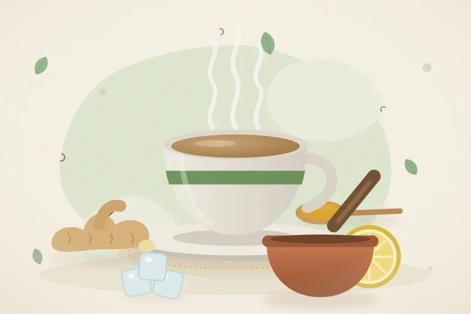 Illustrated still life with fresh ginger, lemon, ice.
