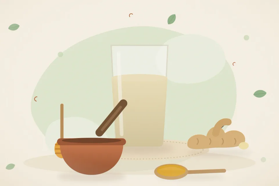 Illustrated still life with honey, fresh ginger.