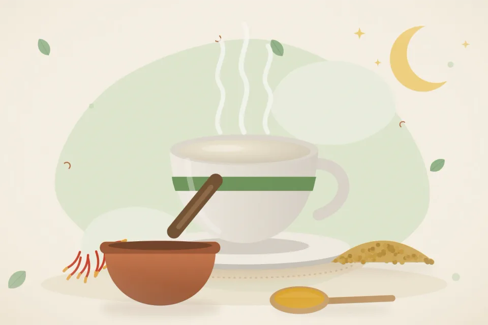 Illustrated still life with saffron, fenugreek seeds.