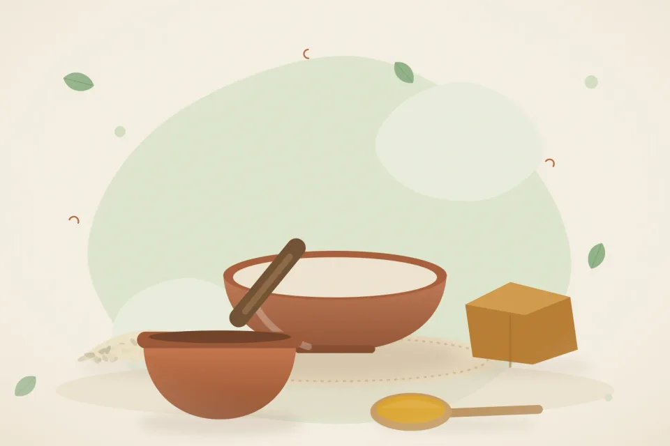 Illustrated still life with sesame seeds, jaggery.