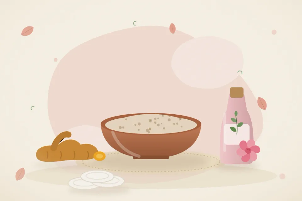 Illustrated still life with turmeric root, rose water.