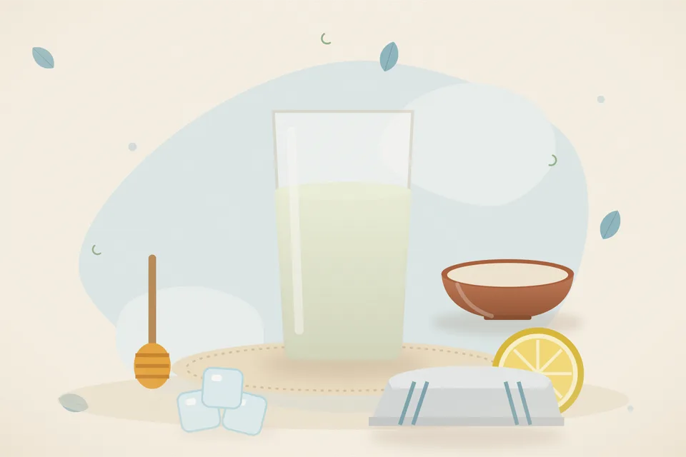 Illustrated still life with honey, lemon, ice.