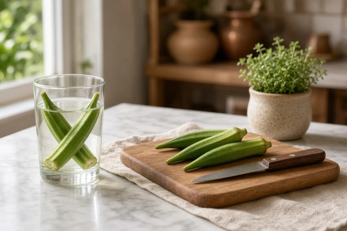 A glass of pale water with sliced okra soaking in it beside whole bhindi and a knife on a board.