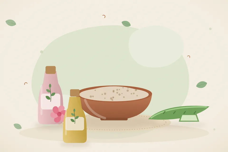 Illustrated still life with rose water, aloe vera.