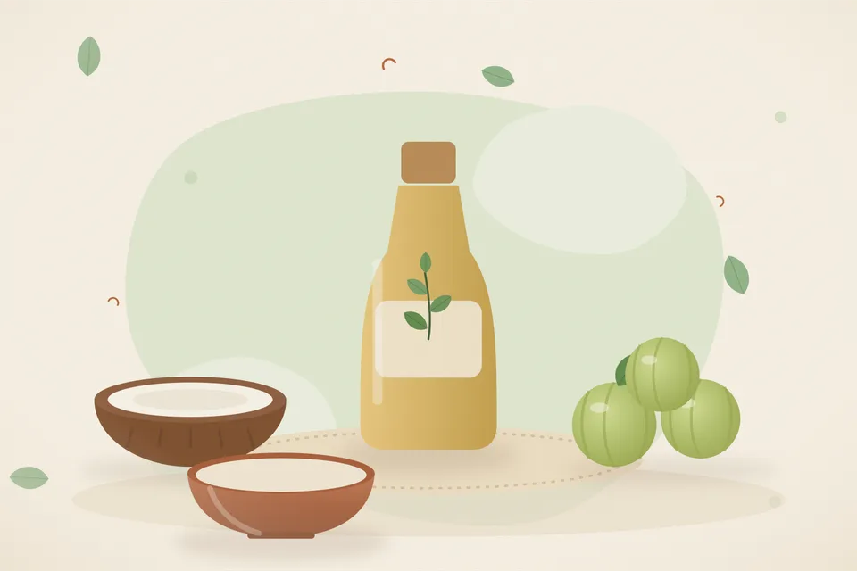 Illustrated still life with coconut, amla.