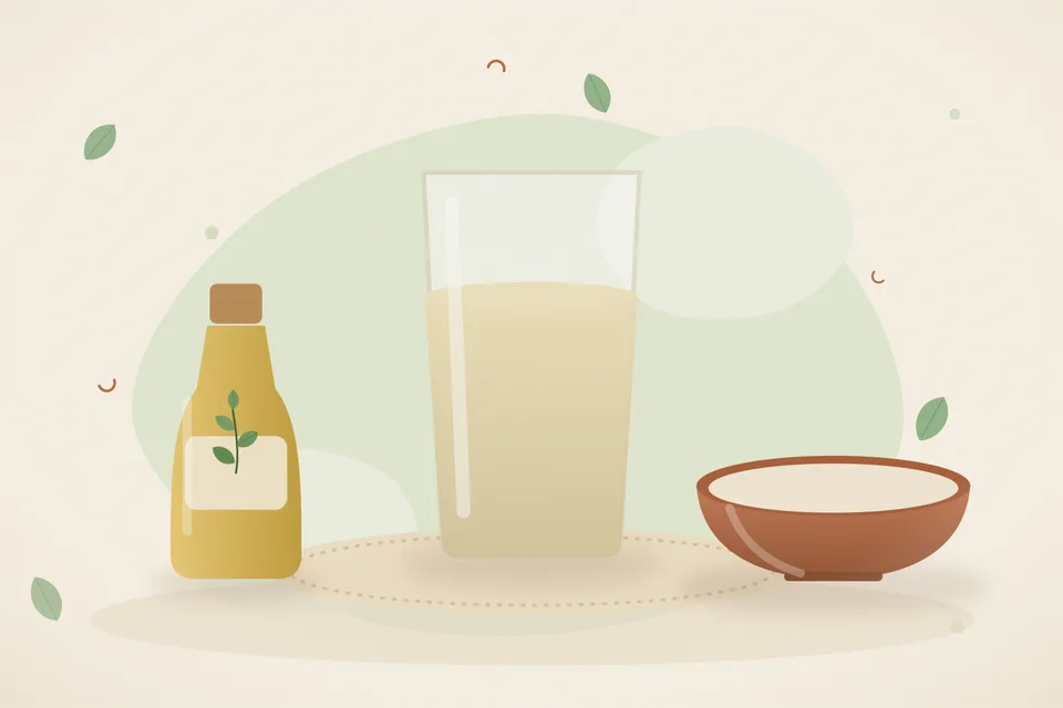 Illustrated Ayurvedic kitchen still life with a bowl, glass and traditional utensils.