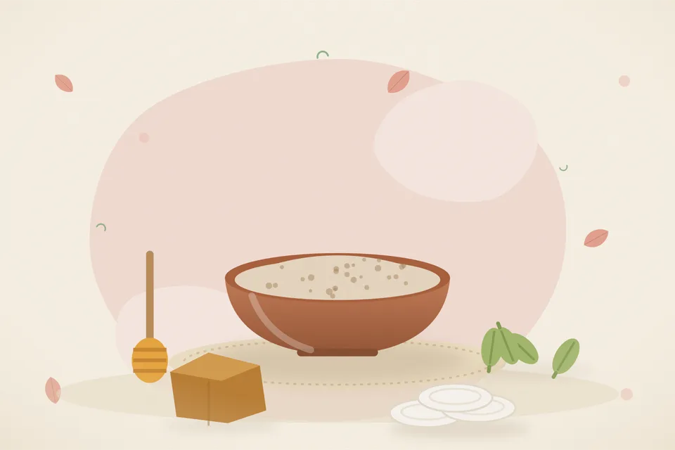 Illustrated still life with honey, cardamom, jaggery.