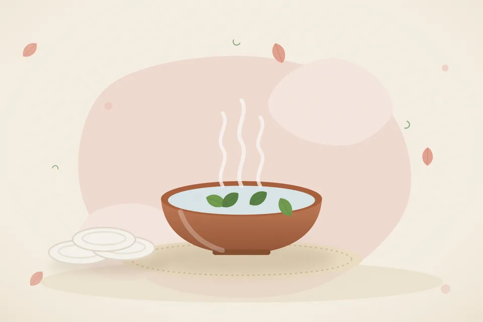 Illustrated Ayurvedic kitchen still life with a bowl, glass and traditional utensils.