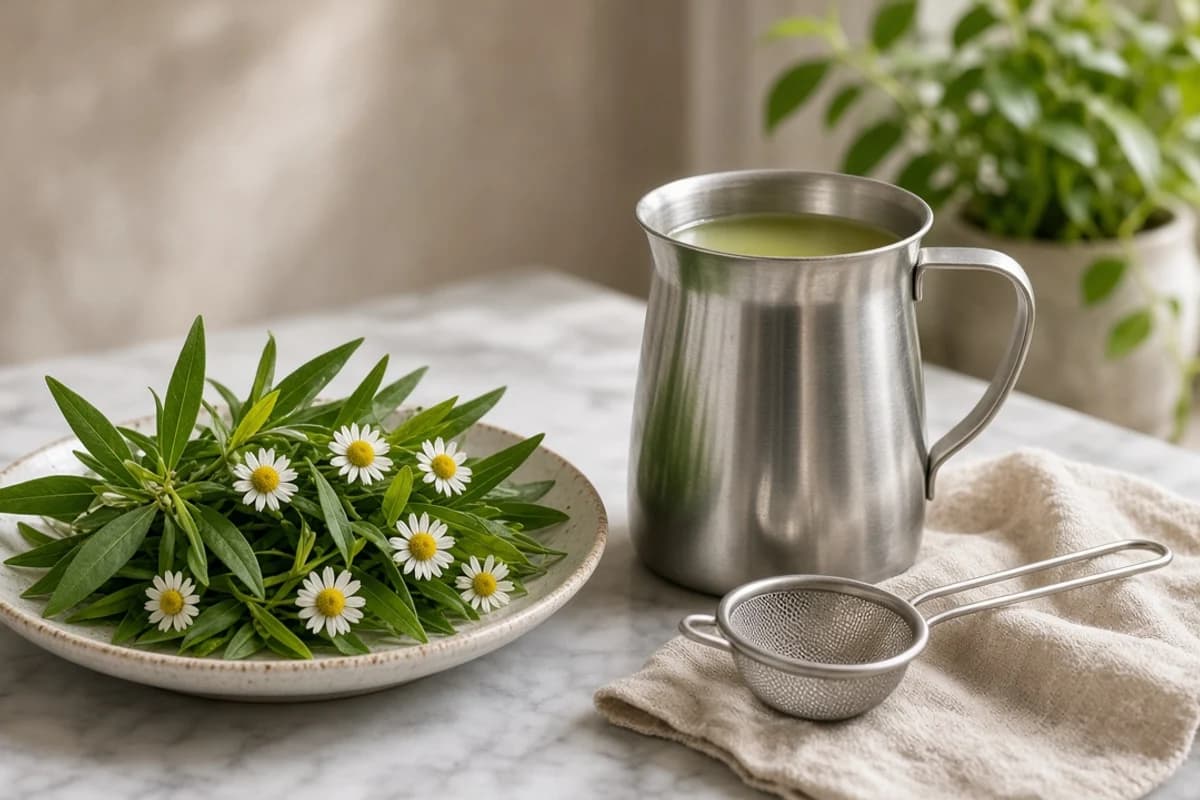 A plate of fresh green leaves and small white flowers beside a steel jug of pale green liquid and a strainer.