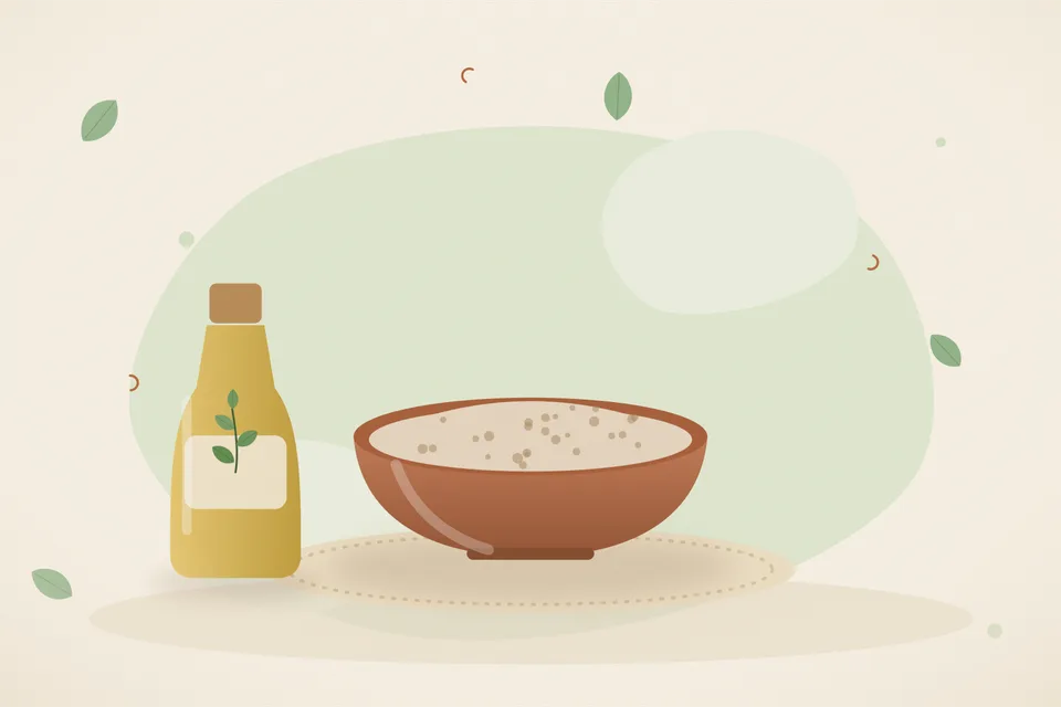 Illustrated Ayurvedic kitchen still life with a bowl, glass and traditional utensils.