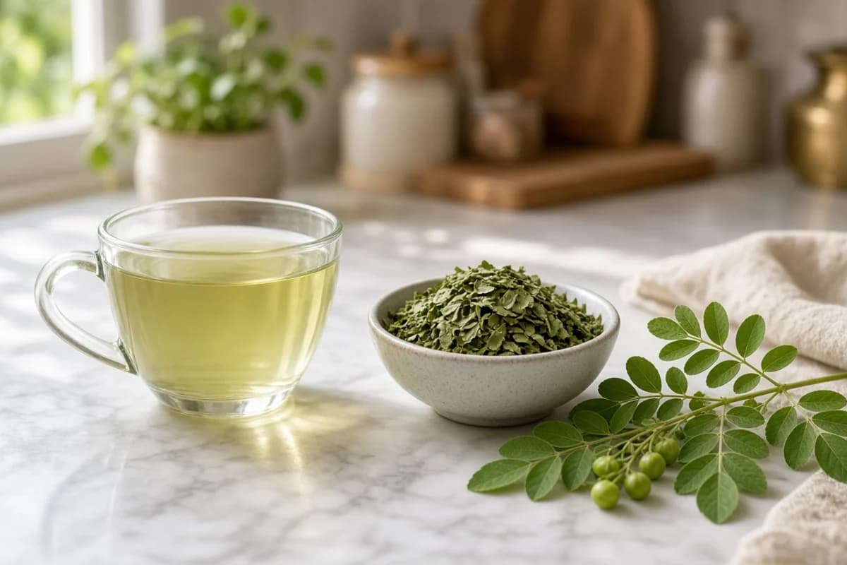 A glass cup of thin pale green tea beside a bowl of dried tiny leaflets and a fresh bhumi amla sprig with small fruits under the stem.