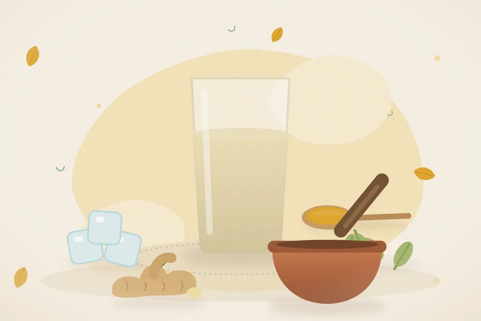 Illustrated still life with ice, cardamom, fresh ginger.