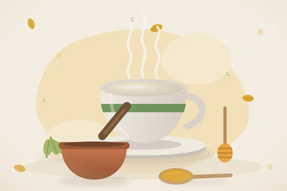 Illustrated still life with cardamom, honey.