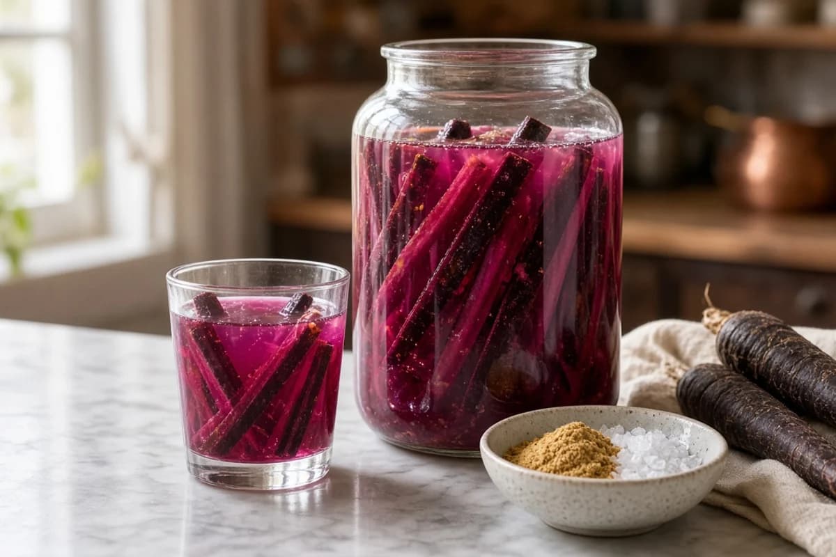 A tall glass jar and a glass of purple-red black carrot kanji with a bowl of spice and whole black carrots.