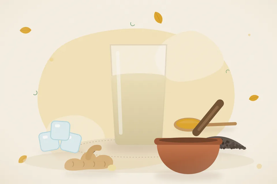 Illustrated still life with ice, black pepper, fresh ginger.