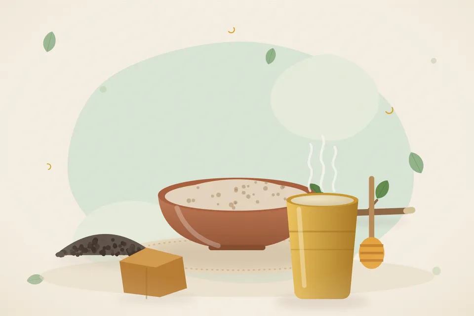 Illustrated still life with black pepper, honey, jaggery.