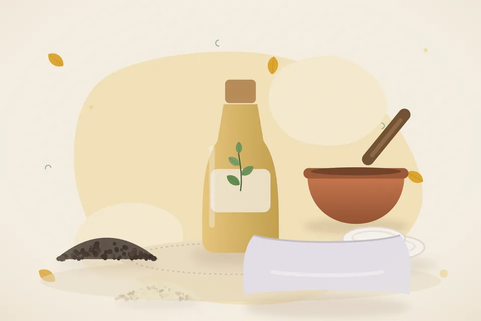 Illustrated still life with black pepper, cotton pads, sesame seeds, a soft pillow.