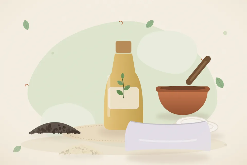 Illustrated still life with black pepper, cotton pads, sesame seeds, a soft pillow.