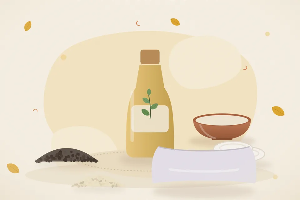 Illustrated still life with black pepper, cotton pads, sesame seeds, a soft pillow.