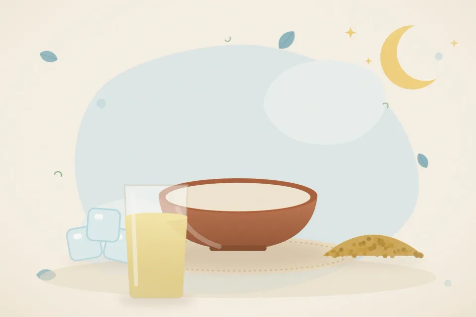 Illustrated still life with ice, fenugreek seeds.