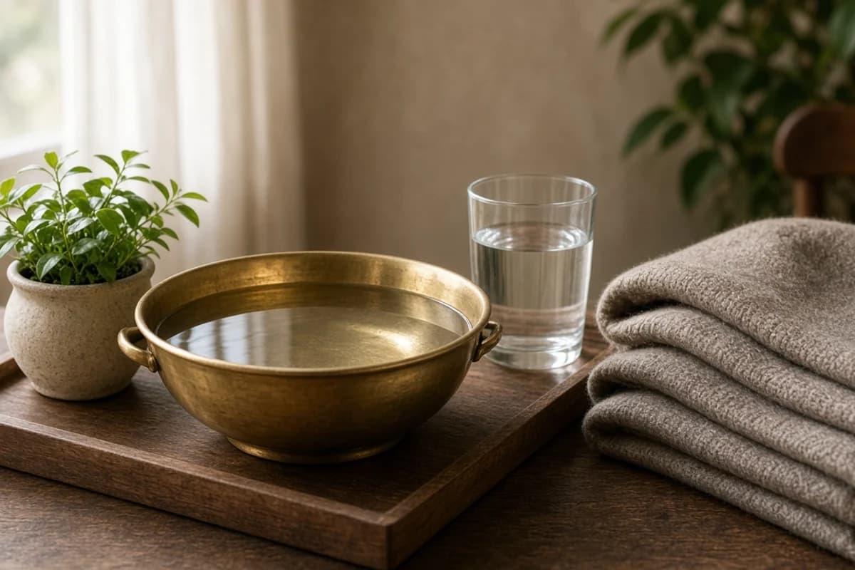 A wide brass bowl of water on a wooden tray beside a glass of water, a small plant and folded woollen shawls.