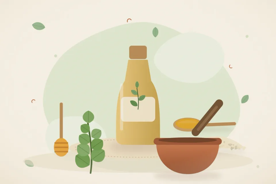 Illustrated still life with honey, sesame seeds, brahmi leaves.