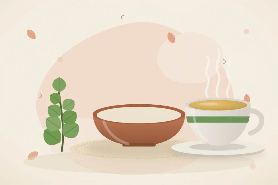 Illustrated still life with brahmi leaves.