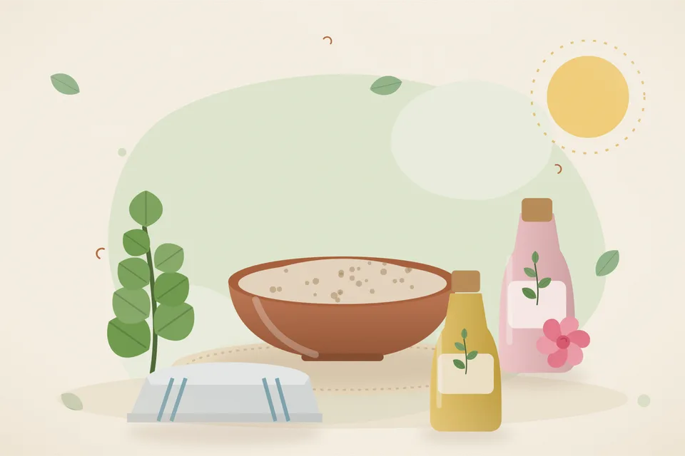 Illustrated still life with brahmi leaves, rose water, a folded cloth.