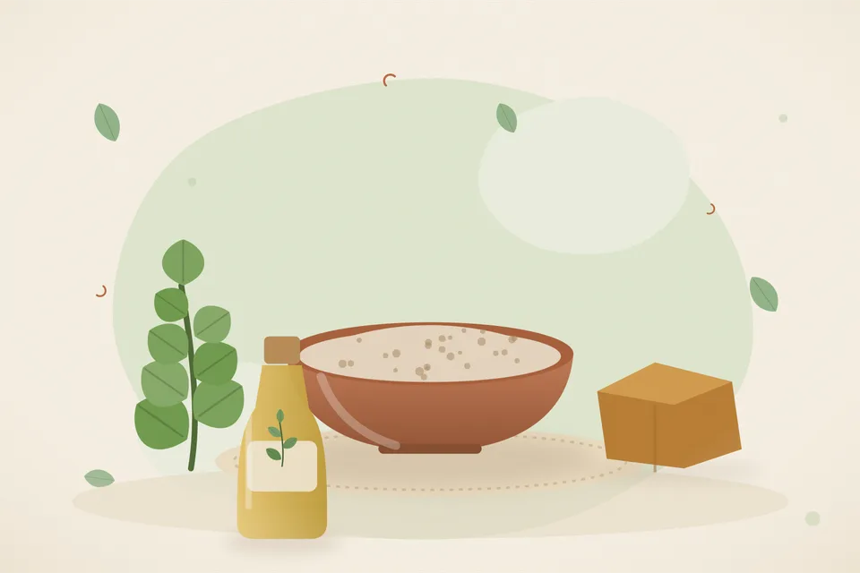 Illustrated still life with brahmi leaves, jaggery.