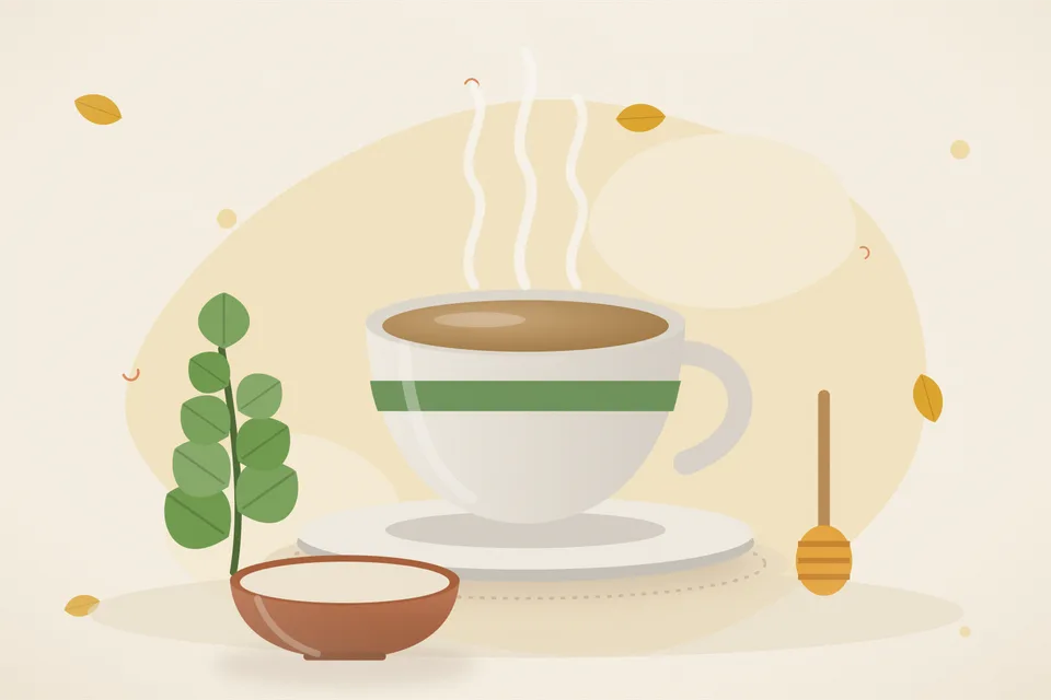 Illustrated still life with brahmi leaves, honey.
