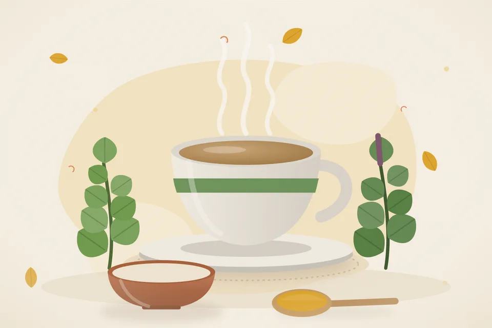 Illustrated still life with brahmi leaves, tulsi leaves.