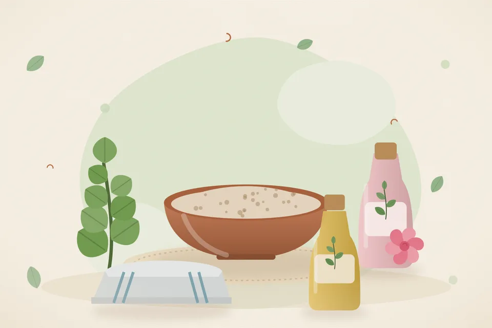 Illustrated still life with brahmi leaves, rose water, a folded cloth.