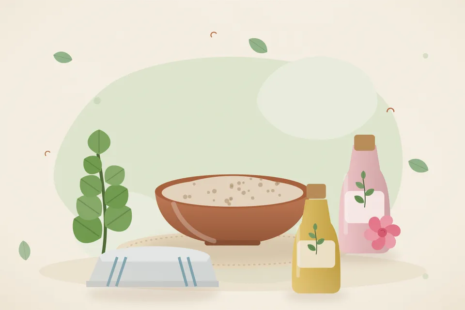 Illustrated still life with brahmi leaves, rose water, a folded cloth.