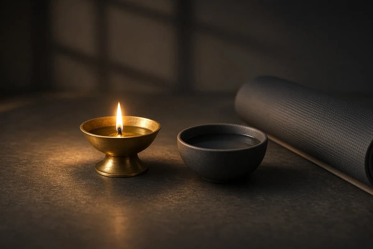 A lit brass diya beside a small bowl of water and a rolled yoga mat on a dark surface.