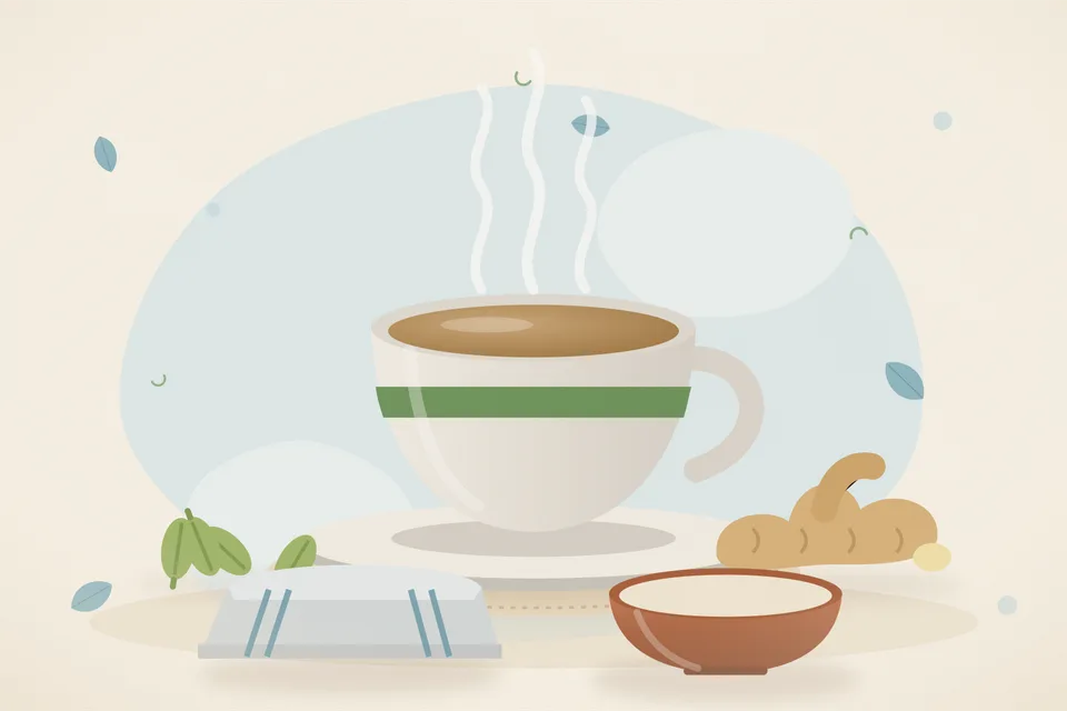 A small cup of pale tea beside a crushed green cardamom and a few ginger slices on a wooden kitchen board.