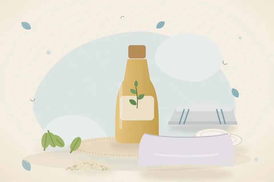 Illustrated still life with cardamom, cotton pads, sesame seeds, a soft pillow.
