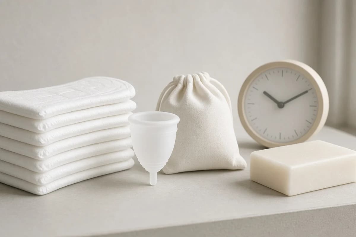 Cotton white sanitary pads, a soft menstrual cup, a small cotton pouch, a bar of soap and a small round clock.