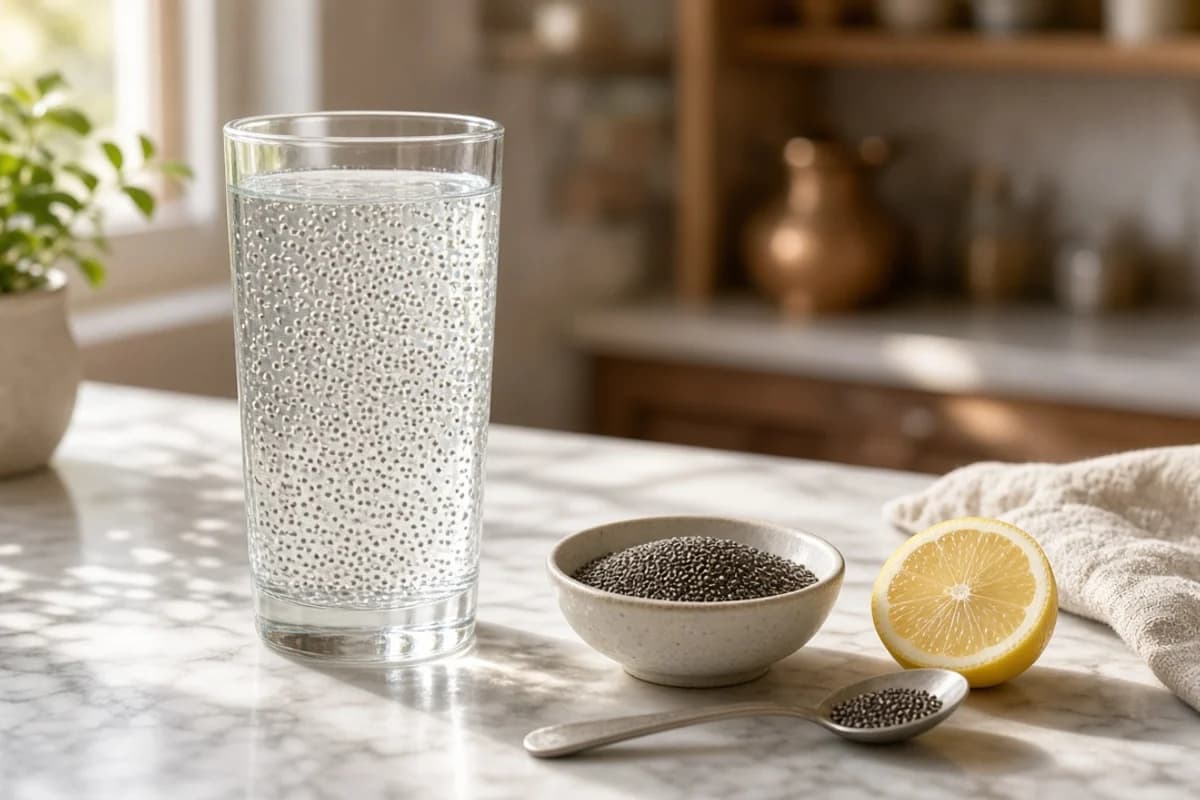 A glass of water with swollen chia gel beside a small bowl of dry chia seeds and a lemon slice.