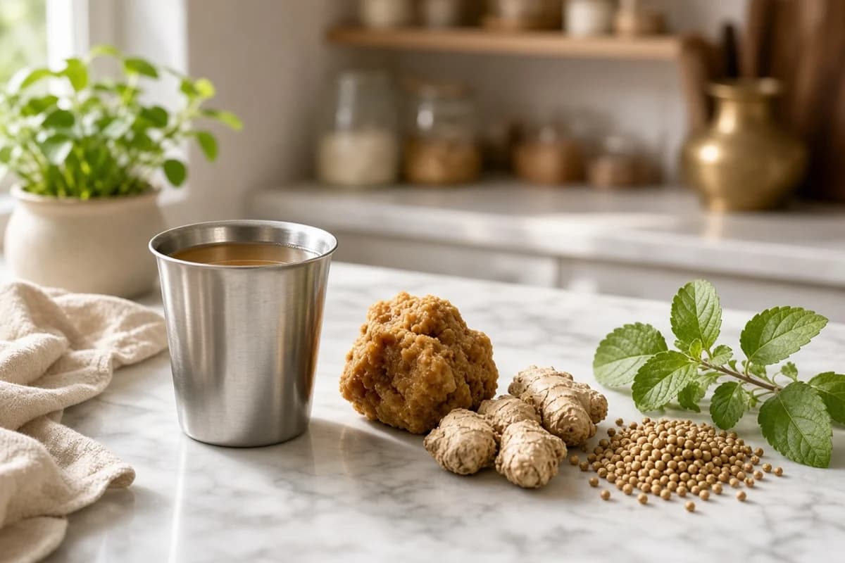 A steel tumbler of thin brown drink beside dry ginger pieces, a lump of jaggery, coriander seeds and a sprig of tulsi.