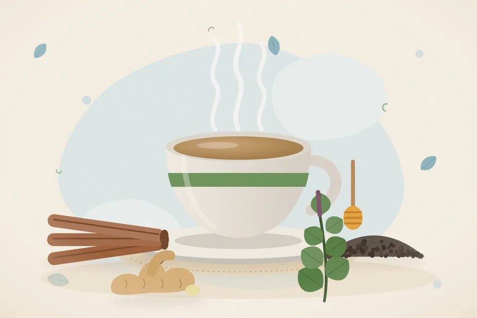 Illustrated still life with cinnamon, black pepper, fresh ginger, tulsi leaves, honey.