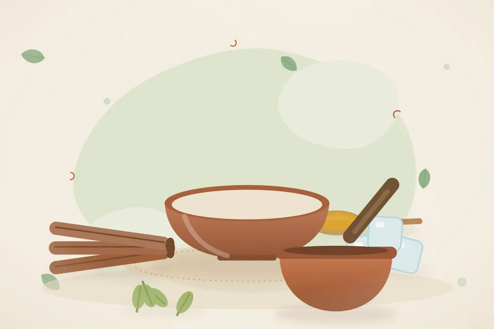 Illustrated still life with cinnamon, ice, cardamom.