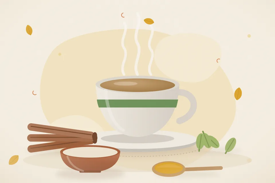 Illustrated still life with cinnamon, cardamom.