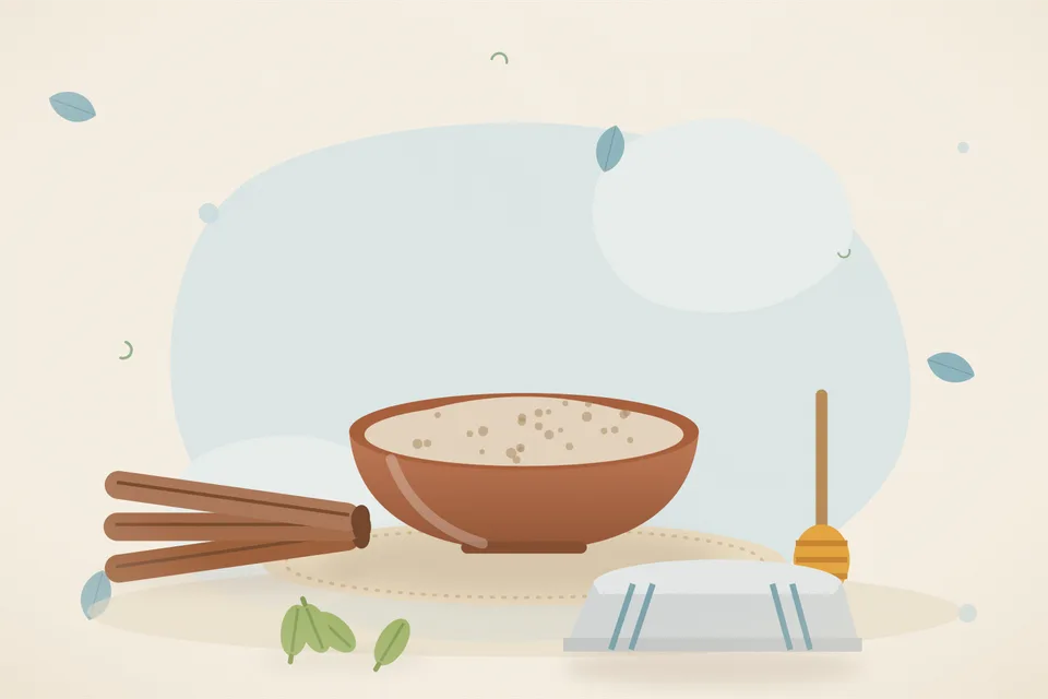 Illustrated still life with cinnamon, honey, cardamom.