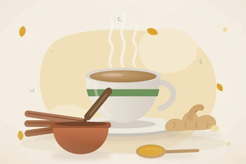 Illustrated still life with cinnamon, fresh ginger.
