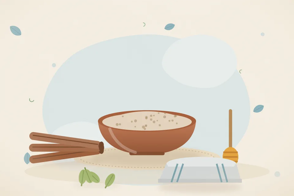 Illustrated still life with cinnamon, honey, cardamom.